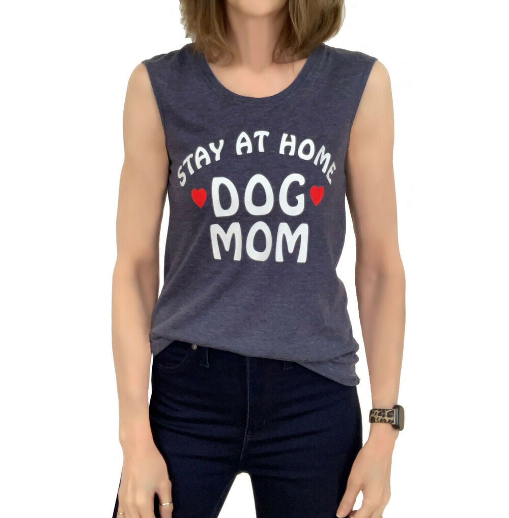 Chaser Stay At Home Dog Mom Tee Sz XS New Sleeveless Jersey T-Shirt Top Blue